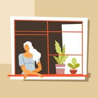 Quarantine boredom at home, woman looking outside window vector