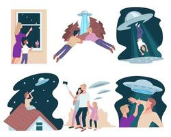 Extraterrestrial guests, people kidnapped by ufo, cosmos tourist vector
