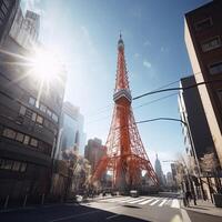 Tokyo Tower in close up view with clear blue sky, famous landmark of Tokyo, Japan. . photo