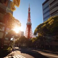 Tokyo Tower in close up view with clear blue sky, famous landmark of Tokyo, Japan. Generative Ai. photo