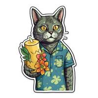 The cute cat wears a Hawaii shirt and holds a cocktail in his hand. Vector illustration. . photo