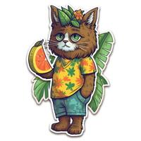 The cute cat wears a Hawaii shirt and holds a cocktail in his hand. Vector illustration. . photo