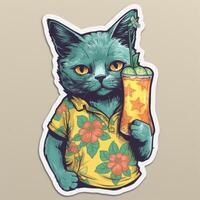 The cute cat wears a Hawaii shirt and holds a cocktail in his hand. Vector illustration. . photo