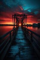 de madera tablón pasarela líder a un hermosa puesta de sol en el lago. generativo ai. foto