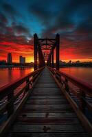 Wooden plank walkway leading to a beautiful sunset on the lake. . photo