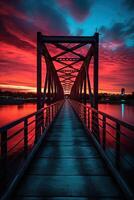 Wooden plank walkway leading to a beautiful sunset on the lake. . photo