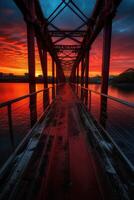 Wooden plank walkway leading to a beautiful sunset on the lake. . photo