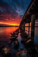 de madera tablón pasarela líder a un hermosa puesta de sol en el lago. generativo ai. foto