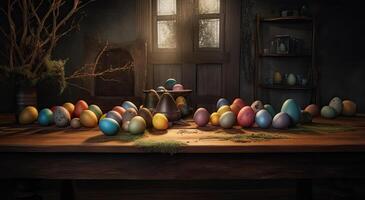 fila de vistoso Pascua de Resurrección huevos en de madera mesa y bokeh fondo, sitio para tipografía y logo. rústico de madera mesa. Pascua de Resurrección tema. generativo ai. foto