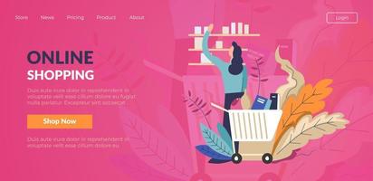 en línea compras, mujer ordenando productos desde sitio vector