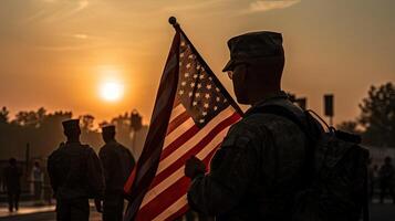 Estados Unidos Ejército soldado con nación bandera. saludo tarjeta para veteranos día , monumento día, independencia día . America celebracion. generativo ai. foto