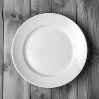 An empty plate on a white wooden table. Top view of white ceramic plate on white wooden. Generative Ai. photo
