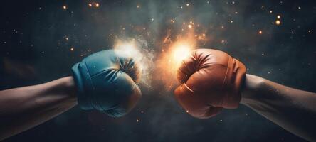 Pair of red and blue leather boxing gloves on black background. Pair of red leather boxing gloves,sport and competition concept. . photo