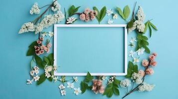 Flowers composition romantic. flowers, photo frame on pastel blue background. Valentine's Day, Easter, Birthday, Happy Women's Day, Mother's day. Flat lay, top view, copy space.
