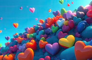 Colorful heart shape balloon with blue sky. Valentine's day background with heart shaped balloons. . photo