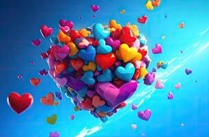Colorful heart shape balloon with blue sky. Valentine's day background with heart shaped balloons. . photo