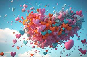 Colorful heart shape balloon with blue sky. Valentine's day background with heart shaped balloons. . photo