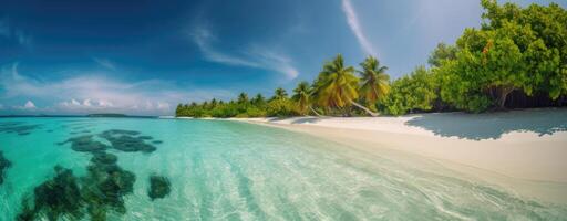 tropical paradise beach with white sand and coco palms travel tourism wide panorama background concept. . photo