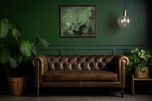 Interior classic living, retro classical style, with loose furniture,brown sofa with a green wall and a picture frame. . photo