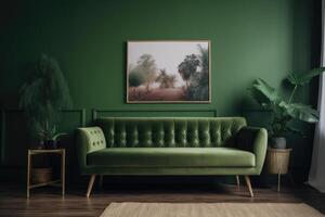 Interior classic living, retro classical style, with loose furniture,brown sofa with a green wall and a picture frame. Generative Ai. photo
