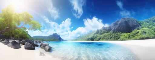 tropical paradise beach with white sand and coco palms travel tourism wide panorama background concept. . photo