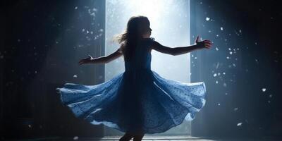 un pequeño niña bailando en un película generativo ai foto