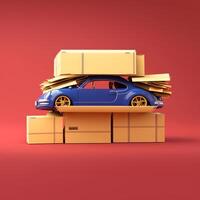 3D render of a sports blue car between the boxes photo