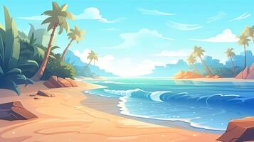 Sky and sun at sea background, ocean and beach vector island scenery empty cartoon. Ocean or sea water with waves and clouds in sky summer blue seascape with cloudy sky and seaside. photo