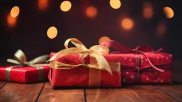 Navidad regalos envuelto en rojo papel con oro cinta en en de madera mesa antecedentes y Bokeh. sitio para tipografía y logo. Copiar espacio. generativo ai. foto