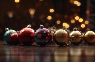 Close up view of beautiful with shiny gold bauble or ball, xmas ornaments and lights, christmas holidays background. . photo