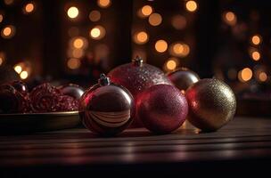 Close up view of beautiful with shiny gold bauble or ball, xmas ornaments and lights, christmas holidays background. . photo