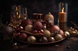 Close up view of beautiful with shiny gold bauble or ball, xmas ornaments and lights, christmas holidays background. . photo