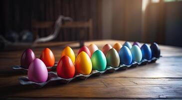 row of colorful easter eggs on wooden table and bokeh background, place for typography and logo. Rustic wooden table. Easter theme. . photo