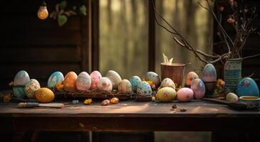 row of colorful easter eggs on wooden table and bokeh background, place for typography and logo. Rustic wooden table. Easter theme. . photo