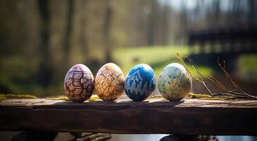 row of colorful easter eggs on wooden table and bokeh background, place for typography and logo. Rustic wooden table. Easter theme. . photo