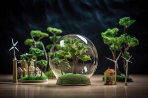 Glass globe on wood table in nature concept for environment and conservation. Ecology and Environment concept. . photo