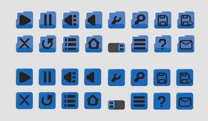blue game button in pixel art style