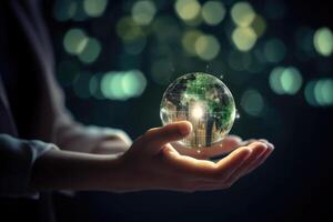 Hands protecting globe of green tree on tropical nature summer background, Ecology and Environment concept. . photo