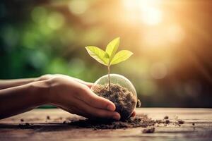 Hands protecting globe of green tree on tropical nature summer background, Ecology and Environment concept. . photo