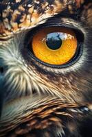 Owl's eye extreme close-up, macro photo, Eye of the Short-eared Owl, Asio flammeus. Portrait of Great Grey Owl or Lapland Owl, Strix nebulosa, a very large owl, eye. . photo