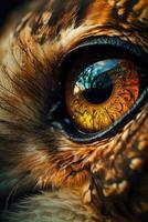 Owl's eye extreme close-up, macro photo, Eye of the Short-eared Owl, Asio flammeus. Portrait of Great Grey Owl or Lapland Owl, Strix nebulosa, a very large owl, eye. . photo