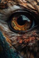 Owl's eye extreme close-up, macro photo, Eye of the Short-eared Owl, Asio flammeus. Portrait of Great Grey Owl or Lapland Owl, Strix nebulosa, a very large owl, eye. . photo