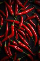 Red hot chilli peppers pattern texture background. Close up. A backdrop of Red hot chilli peppers. . photo