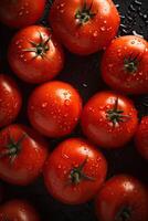 Fresco Tomates en gotas de Rocío como un antecedentes. generativo ai. foto