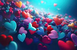 Colorful heart shape balloon with blue sky. Valentine's day background with heart shaped balloons. . photo