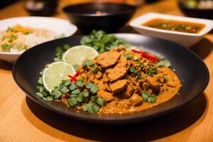Chinese food, Stir-fried pork in sweet and sour sauce with rice. Chicken noodle soup. photo