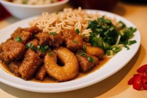Chinese food, Stir-fried pork in sweet and sour sauce with rice. Chicken noodle soup. photo