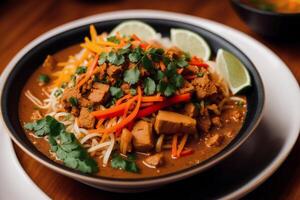 Chinese food, Stir-fried pork in sweet and sour sauce with rice. Chicken noodle soup. photo