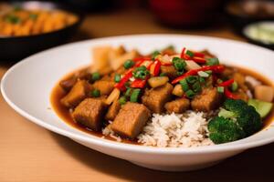 Chinese food, Stir-fried pork in sweet and sour sauce with rice. Chicken noodle soup. photo