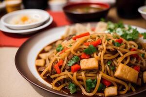 Chinese food, Stir-fried pork in sweet and sour sauce with rice. Chicken noodle soup. photo